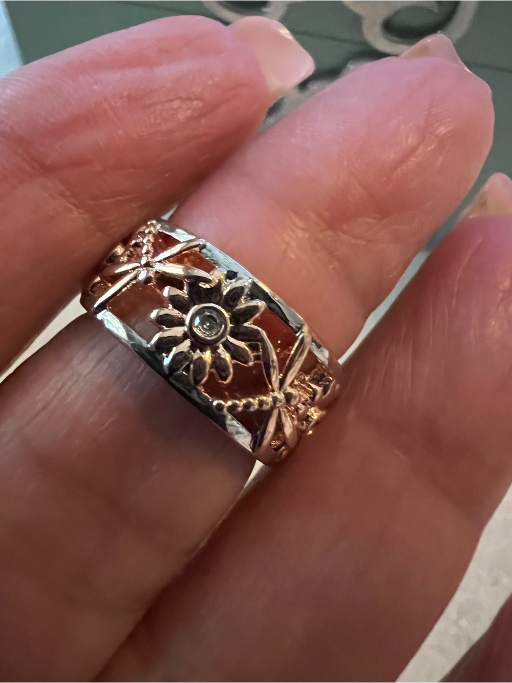 .925 Two- Tone & Rose Gold Floral Dragonfly Band CZ Ring